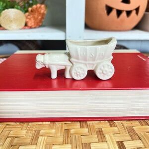 Vintage USA toothpick holder white cow wagon decor pottery